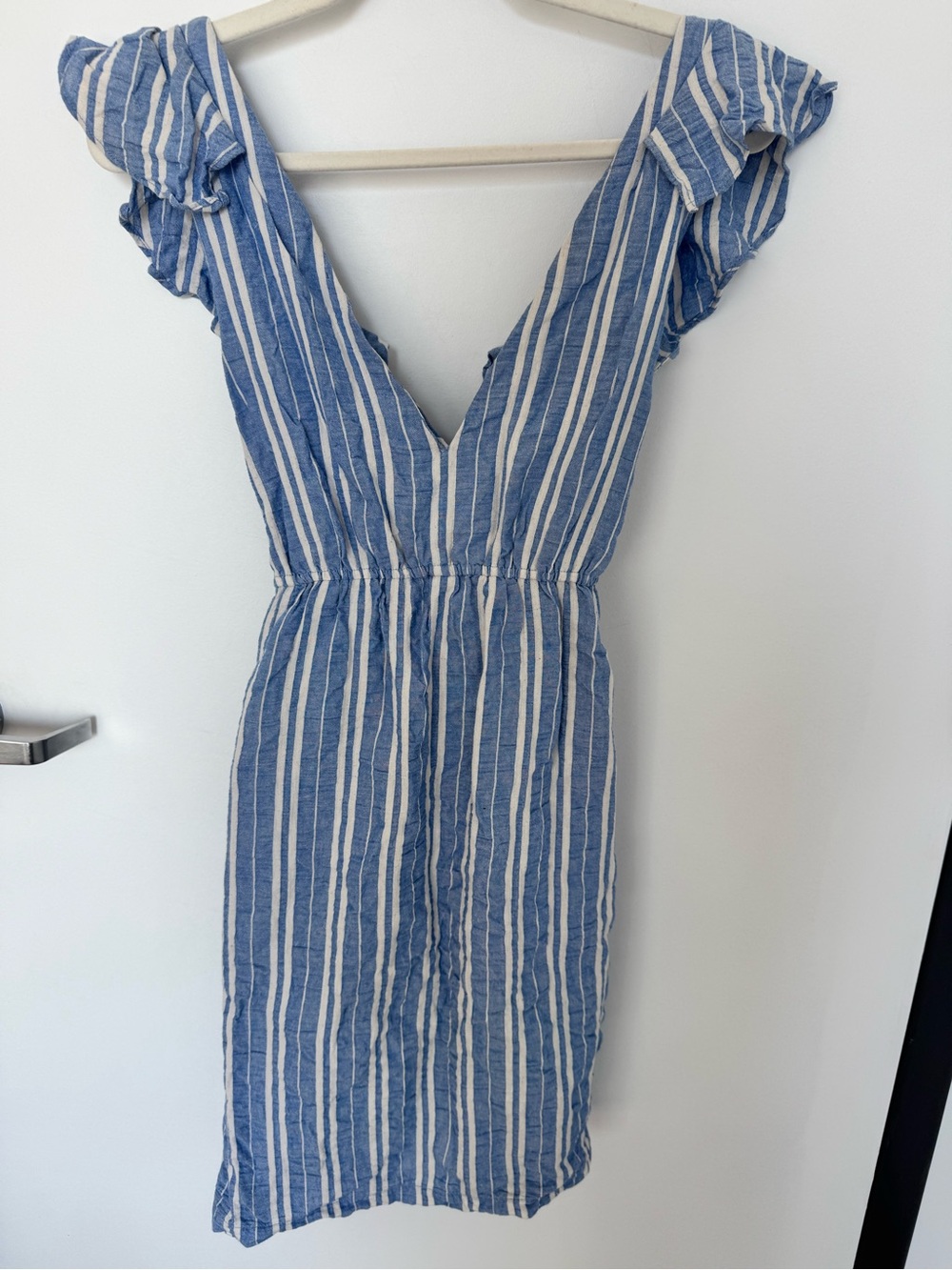 Pepaloves Blue & White Striped Flutter Sleeve Summer Mini Dress